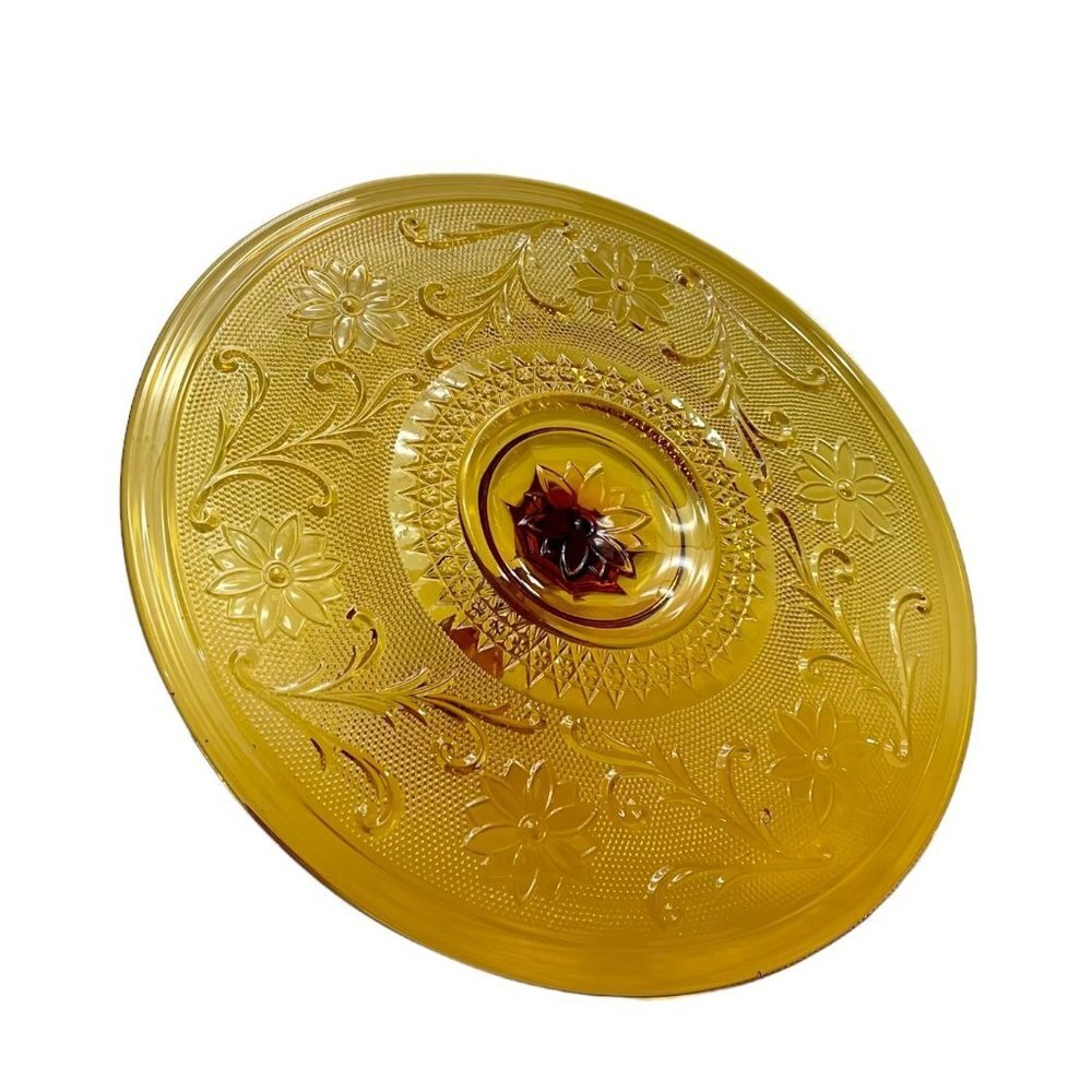 Amber Glass Handled Round Tray Plate or Centerpiece Floral Vine Pattern 12 Inch - Picture 3 of 9